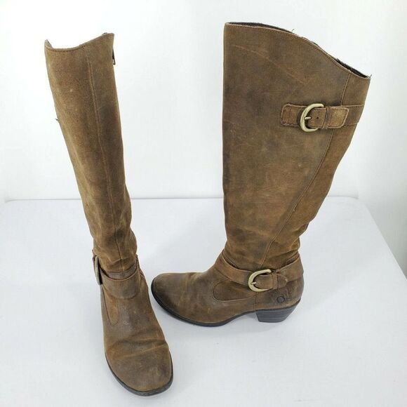 BORN KYLLI Tall Leather Distressed Suede Boots Tobacco 7 - Picture 1 of 7